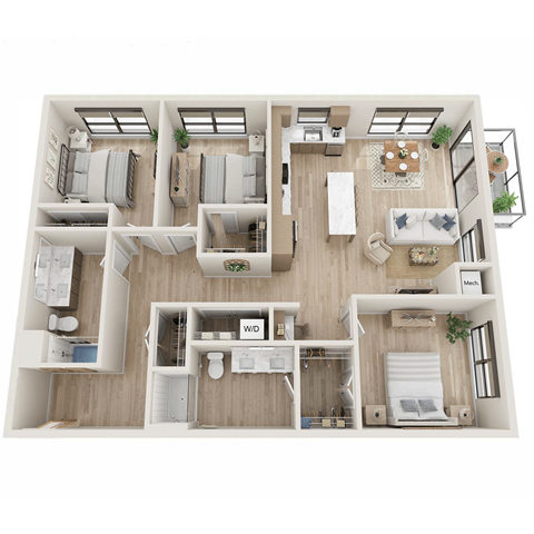 Floor plan for 3 beds, 2 baths, 1414 sqft